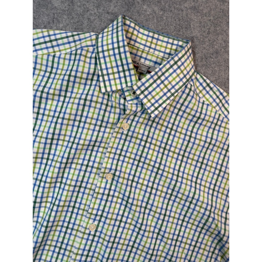 Linea Uomo Mens Modern Fit Short Sleeve Plaid Button Up Shirt Blue Green Large
